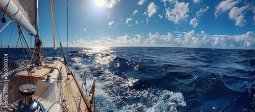 A sailboat is sailing in the ocean with the sun shining on the water photo