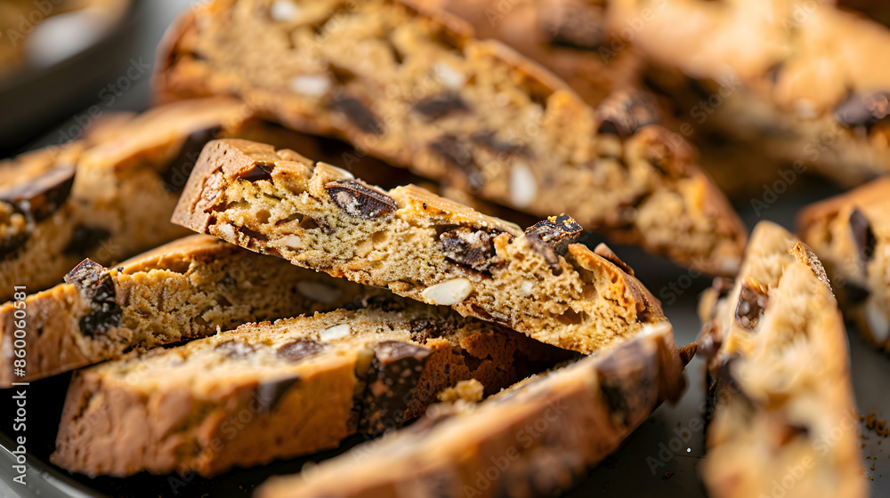 A close-up shot of biscotti being served, highlighting the crunchy texture and rich flavors A close-up shot of biscotti being served, highlighting the crunchy texture and rich flavors