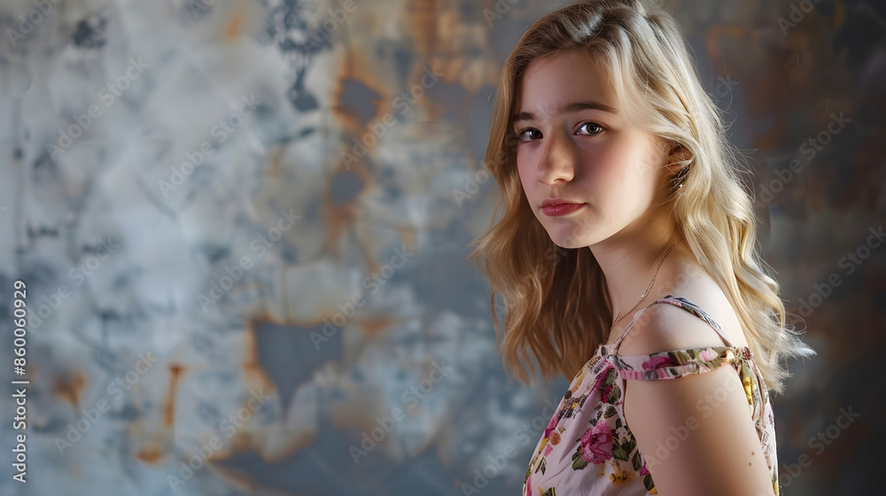 beautiful young blonde woman in nice spring dress posing in studio Fashion photo : Generative AI