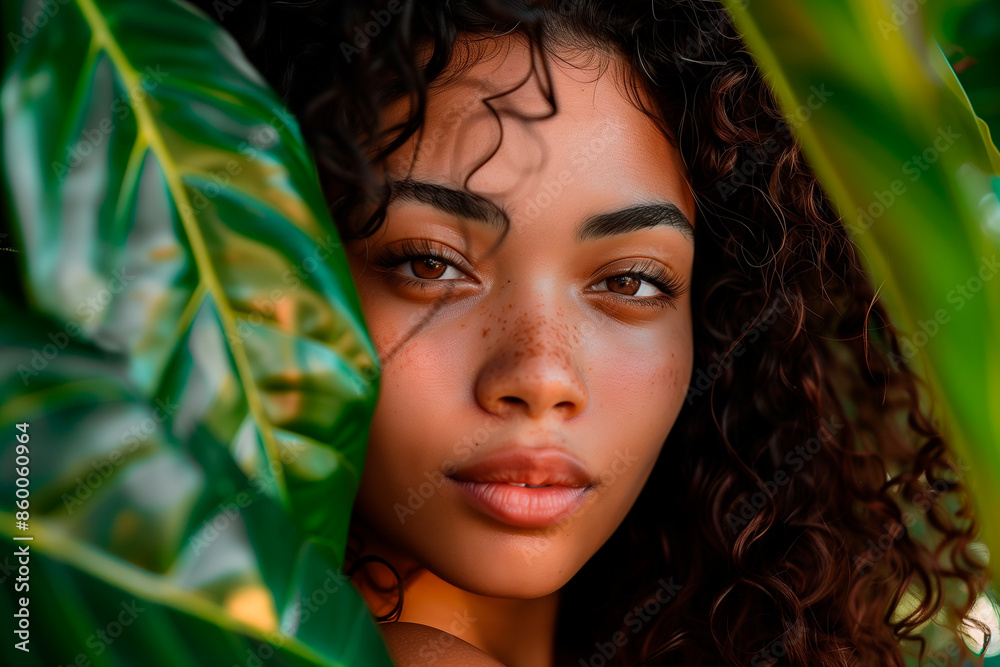 beautiful nature young woman among palm trees, presentation cosmetic beautiful nature young woman among palm trees, presentation cosmetic