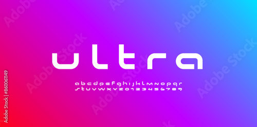 Technical wide future font, digital cyber alphabet