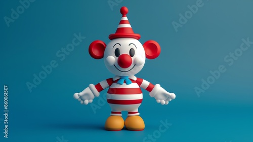 A 3D cartoon clown with a red nose and a red and white striped suit, on a blue background. © Galib