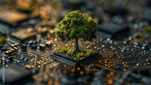 A lush tree growing from a microchip on a circuit board filled with tech components, symbolizing the synergy between natural and technological elements for a sustainable future.
