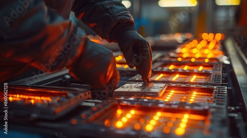 Worker checking the production process of lithium ion modules at the factory photo