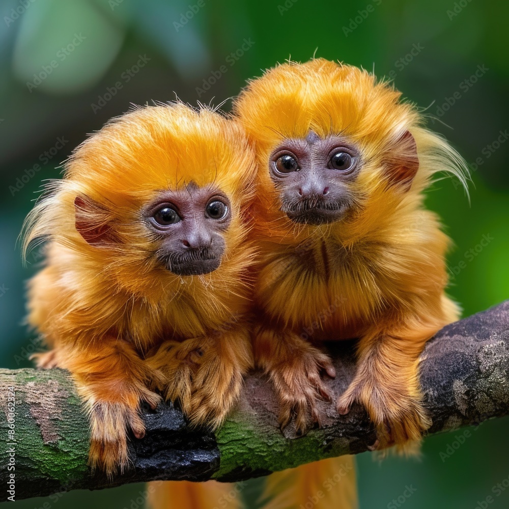 Fototapeta premium Two primates perched on a tree limb, looking out into the distance