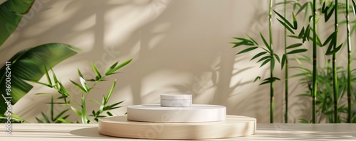 White cosmetic jar sitting on white podium on wooden table with green plants and leaf shadows on beige background