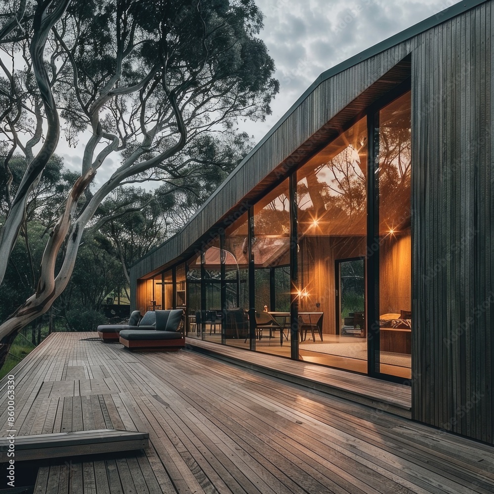 A cozy outdoor space with a wooden deck featuring a comfortable couch, perfect for relaxation or entertaining A cozy outdoor space with a wooden deck featuring a comfortable couch, perfect for relaxation or entertaining