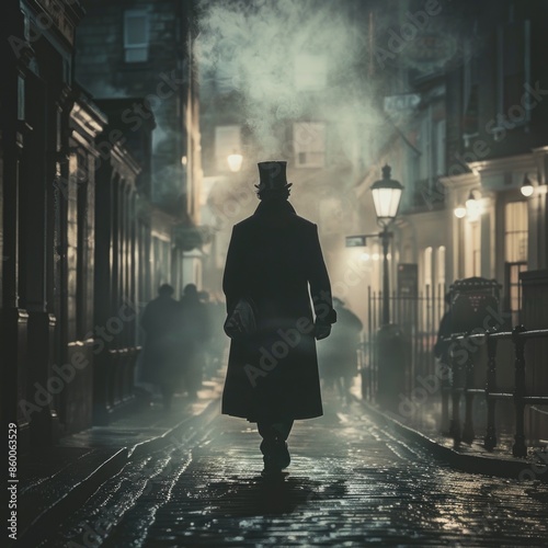A man wearing a top hat walks down a street, possibly in an urban setting