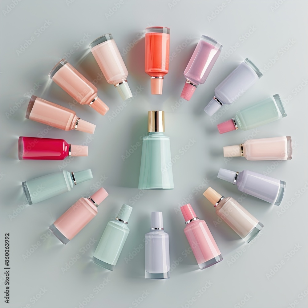 An elegant flat lay of pastel-colored nail polish bottles with a glossy finish, arranged in a circular pattern on a light gray background, with room for branding in the center. An elegant flat lay of pastel-colored nail polish bottles with a glossy finish, arranged in a circular pattern on a light gray background, with room for branding in the center.