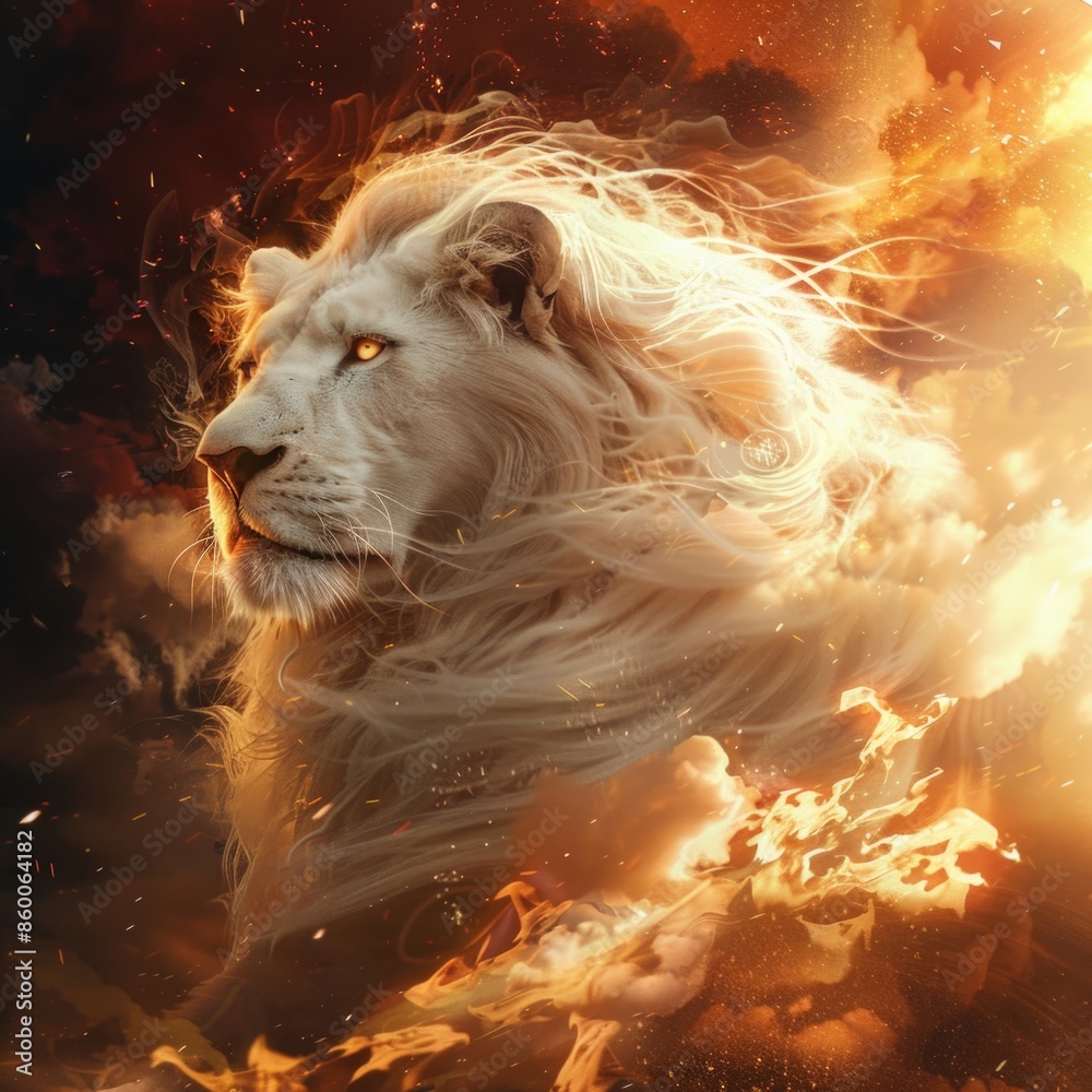 Naklejka premium A majestic white lion surrounded by a thick cloud of flames