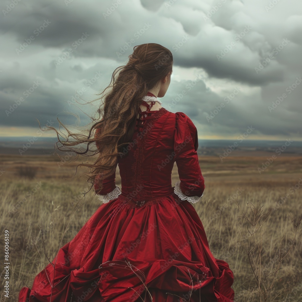 A woman stands alone in a green field wearing a bright red dress A woman stands alone in a green field wearing a bright red dress
