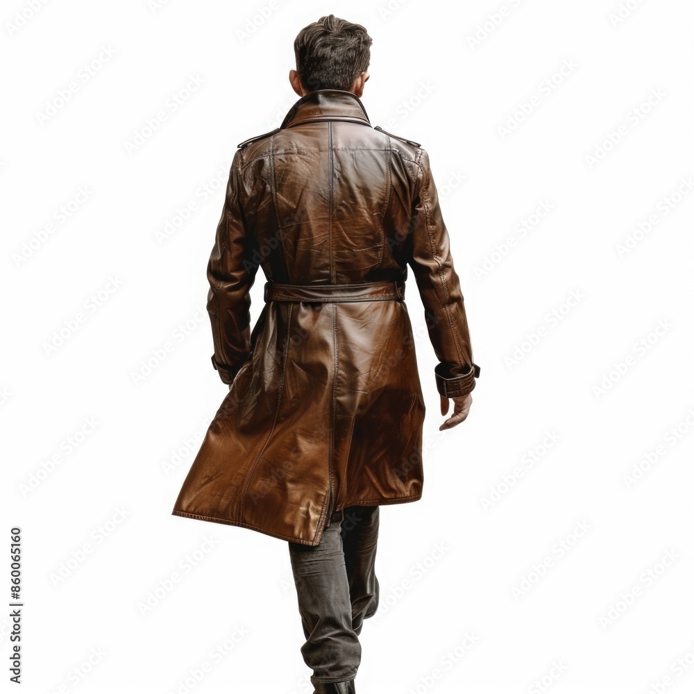 A person walking outdoors wearing a brown leather coat A person walking outdoors wearing a brown leather coat