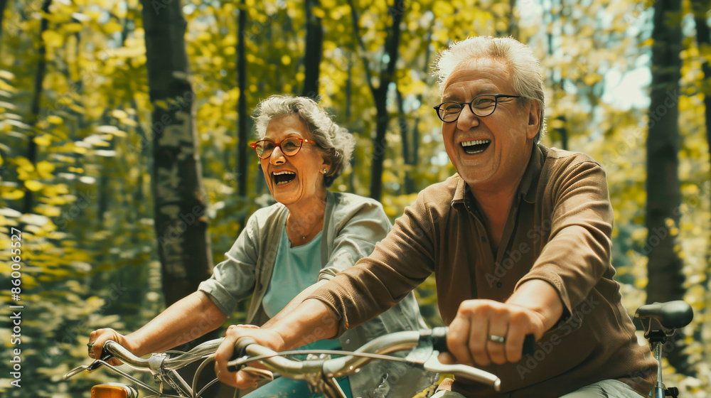Happy senior couple riding their bikes in the park Happy senior couple riding their bikes in the park