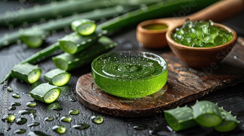 Close-up of freshly cut aloe vera leaves and gel, with a wooden background and tools, symbolizing natural skin treatment and benefits of aloe vera health remedies.