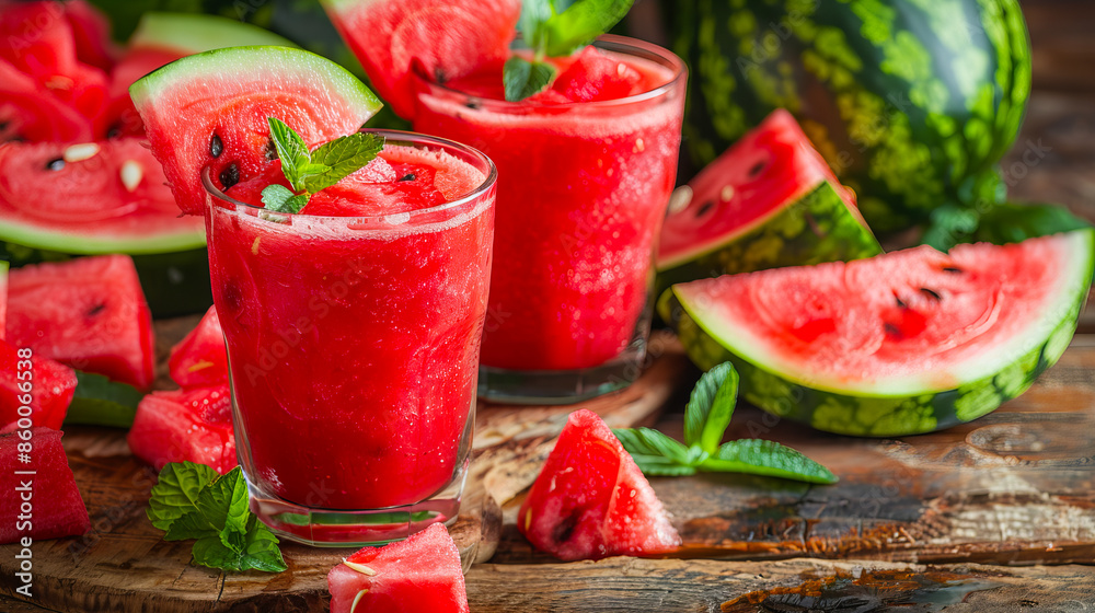 Fresh watermelon juice with mint and pieces of ripe watermelons on rustic wooden table Fresh watermelon juice with mint and pieces of ripe watermelons on rustic wooden table