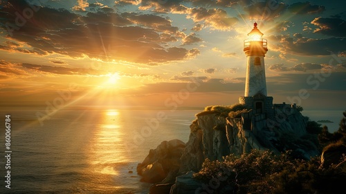 Majestic lighthouse overlooking ocean at sunset