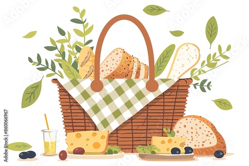 Illustration of picnic basket with bread and cheese photo