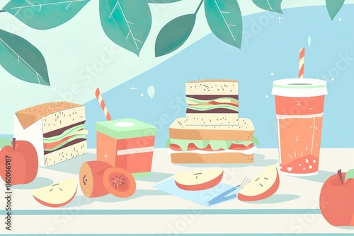 Illustration of kids picnic with sandwiches and drinks photo