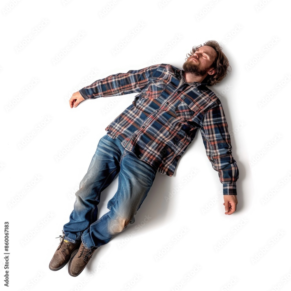 A person lying on the ground with their eyes closed
