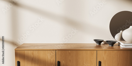Fototapeta Naklejka Na Ścianę i Meble -  Beige home living room interior with empty space drawer with decoration