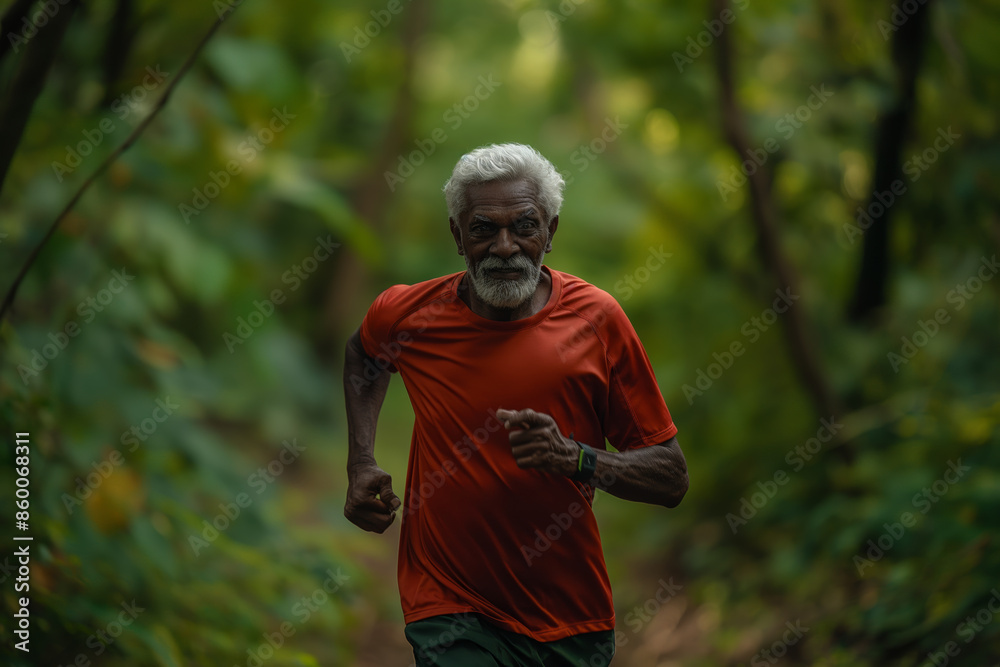 Senior Man Running in Forest for Fitness and Health Senior Man Running in Forest for Fitness and Health