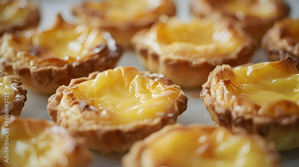 A close-up shot of custard tarts being served, highlighting the creamy filling and flaky crust