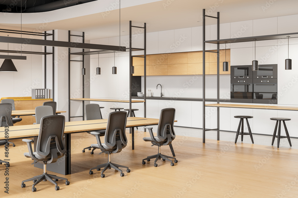 Cozy office interior with kitchen cabinet, coworking zone and bar island Cozy office interior with kitchen cabinet, coworking zone and bar island
