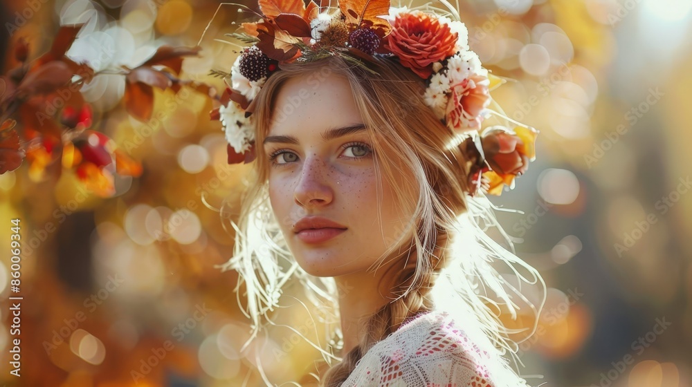 Elegant Bride Wears Floral Wreath at Stylish Wedding