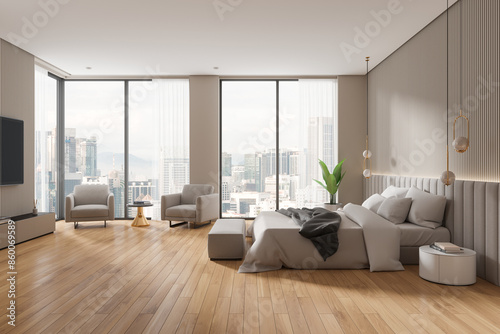 Modern bedroom with large windows showing city view, minimalistic design with wooden flooring, light and bright environment, concept of luxury living. 3D Rendering