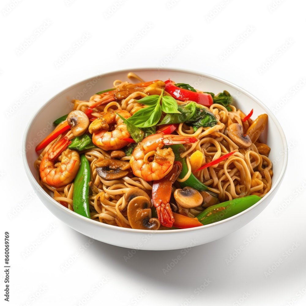 Delicious Noodle Dish With Shrimp And Vegetables In White Bowl Delicious Noodle Dish With Shrimp And Vegetables In White Bowl