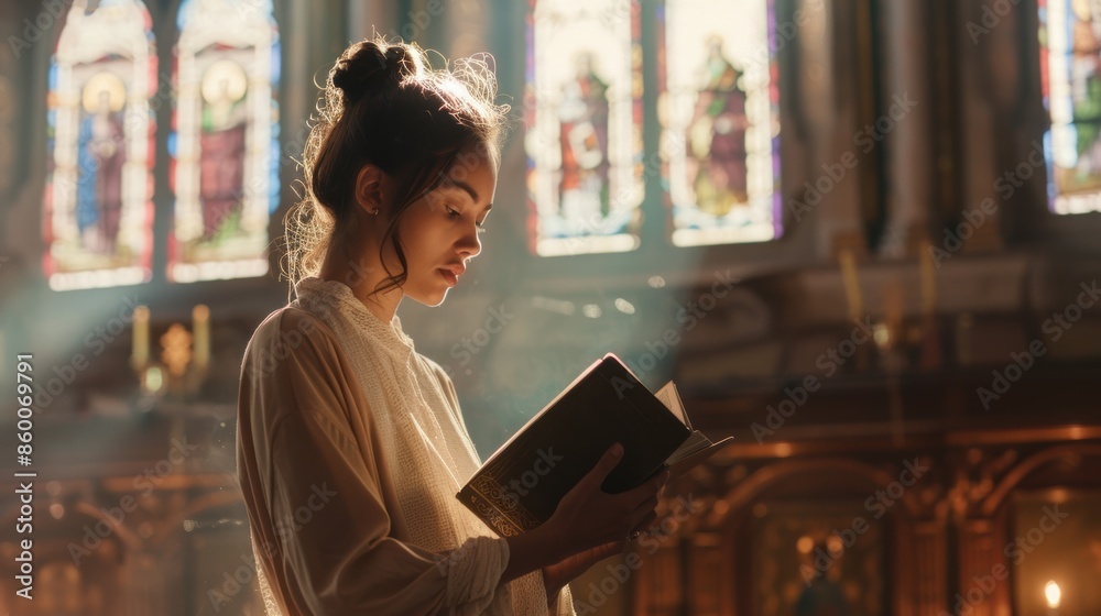 A young woman pray at public church A young woman pray at public church