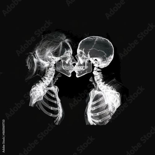Two skeletons stand together, their bony frames illuminated by an unknown light