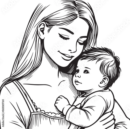 Fotografie Unconditional Love: Mother & Child Outline. Vector Illustration