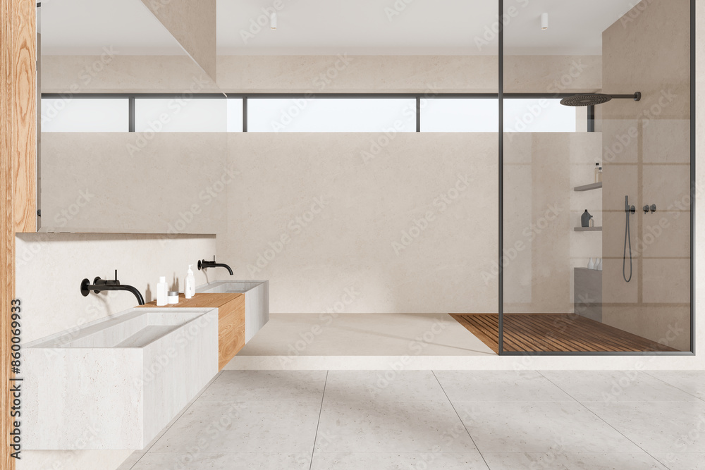 Stone home bathroom interior with sink and glass shower, accessories on shelf Stone home bathroom interior with sink and glass shower, accessories on shelf