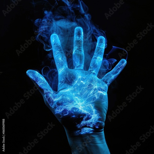 A close-up image of a hand with blue smoke emerging from the fingers © Fotograf