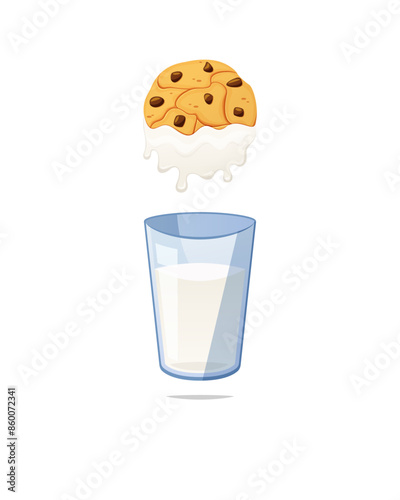 Chocolate chip cookies dipped in a glass of milk isolated on white background.