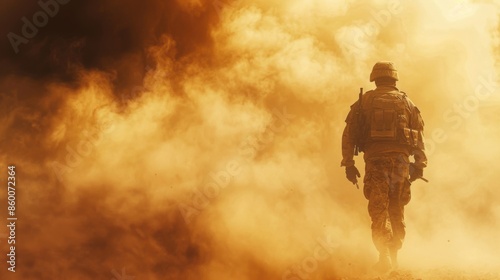 A soldier in full gear walking through a thick dust storm in the desert, creating a dramatic and intense scene. photo