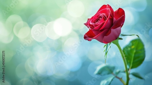 Close-up of a single red rose in full bloom with a vibrant green bokeh background, capturing elegance and beauty.