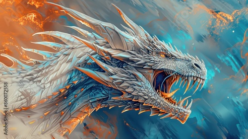 Fierce Dragon Head with Orange and Blue Abstract Background. © Tanakorn