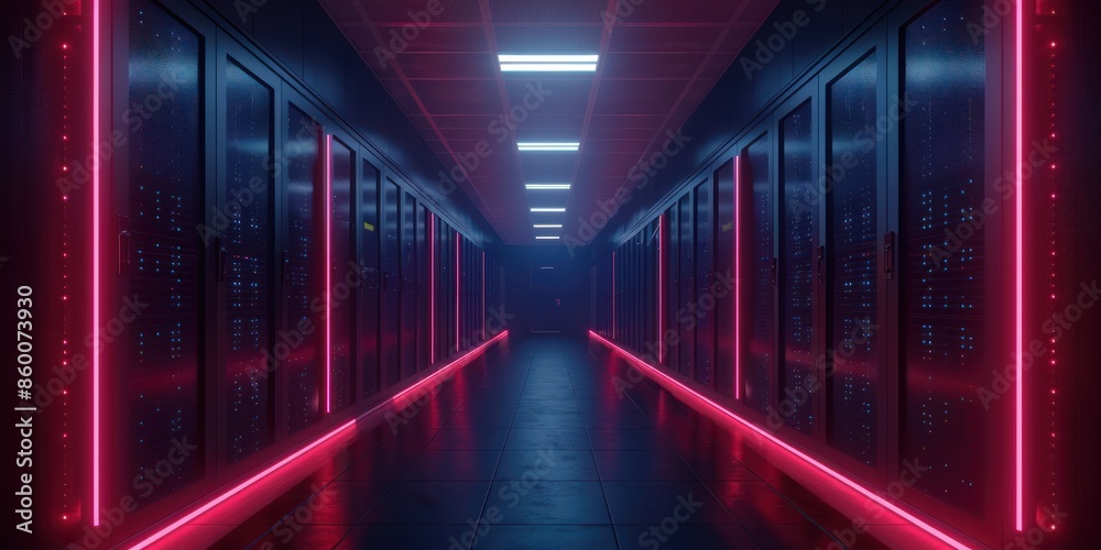 Fototapeta premium Modern Data Center With Multiple Rows of Fully Operational Server Racks. Modern Telecommunications, Artificial Intelligence, Supercomputer Technology Concept. with Dark Neon Blue, Pink and red lights.