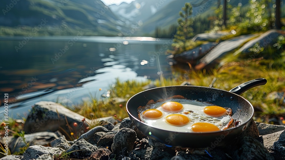 Frying pan with three eggs beside a pristine lake, surrounded by nature and mountains, capturing the essence of outdoor cooking in a tranquil setting. Frying pan with three eggs beside a pristine lake, surrounded by nature and mountains, capturing the essence of outdoor cooking in a tranquil setting.