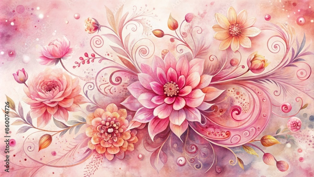 Soft pink watercolor blending creates abstract flowers and swirling patterns symbolizing unity, love, and empowerment of women's diverse beauty. Soft pink watercolor blending creates abstract flowers and swirling patterns symbolizing unity, love, and empowerment of women's diverse beauty.