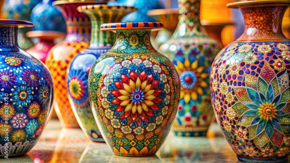 Vibrant, intricately patterned, handcrafted glass vases in a row, showcasing ornate designs, kaleidoscope of colors, and exquisite craftsmanship on a clean backdrop. Vibrant, intricately patterned, handcrafted glass vases in a row, showcasing ornate designs, kaleidoscope of colors, and exquisite craftsmanship on a clean backdrop.
