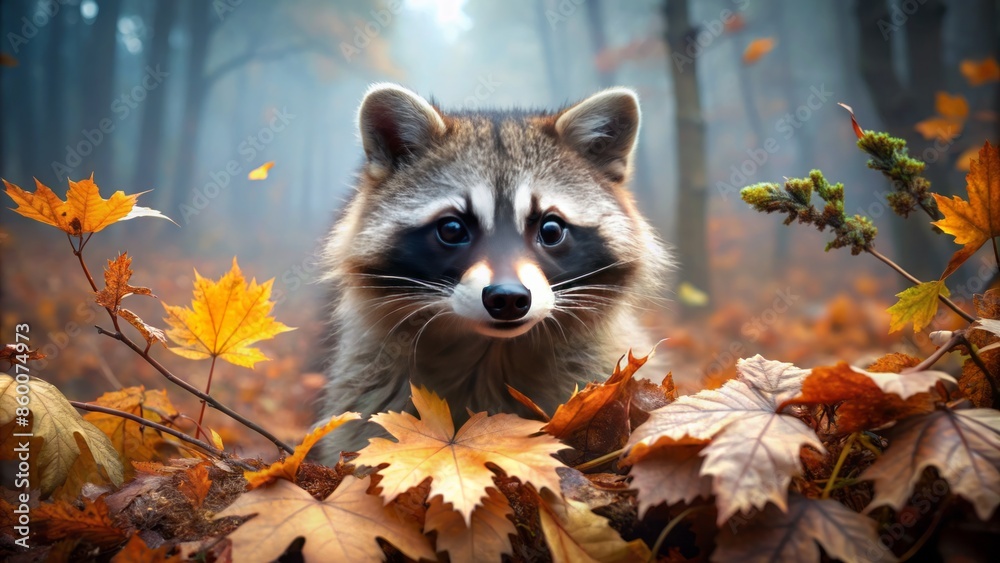 A curious raccoon rummages through autumn leaves and twigs in a misty forest, its bandit mask stark against the muted colors. A curious raccoon rummages through autumn leaves and twigs in a misty forest, its bandit mask stark against the muted colors.