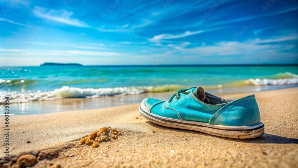Abandoned bright blue casual footwear rests on weathered sand beside calm turquoise water's edge, an isolated seaside trinket awaiting fate.