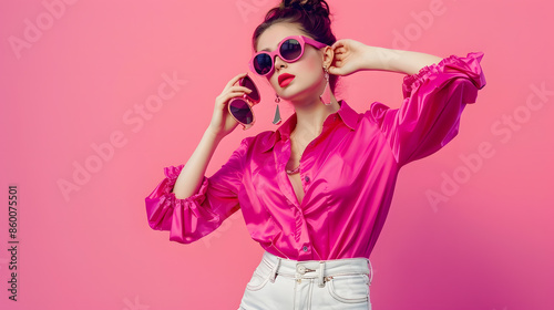 Elegant fashionable woman wearing trendy fuchsia color blouse with puff sleeves white jeans holding sunglasses posing on pink background : Generative AI © Generative AI