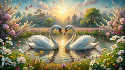 Romantic whimsical artwork depicting two swans with hearts entwined on their necks amidst a serene landscape of blooming flowers and fellow swans.