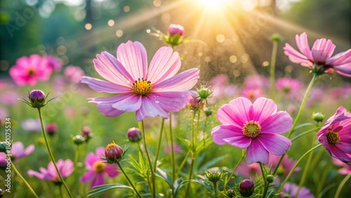 Vibrant pink cosmos flowers sway gently in a lush green garden, kissed by warm sunlight and surrounded by soft morning dew. photo