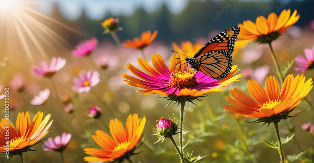 Spring Splendor: Cosmos Flowers and Butterfly Close-Up in Meadow

