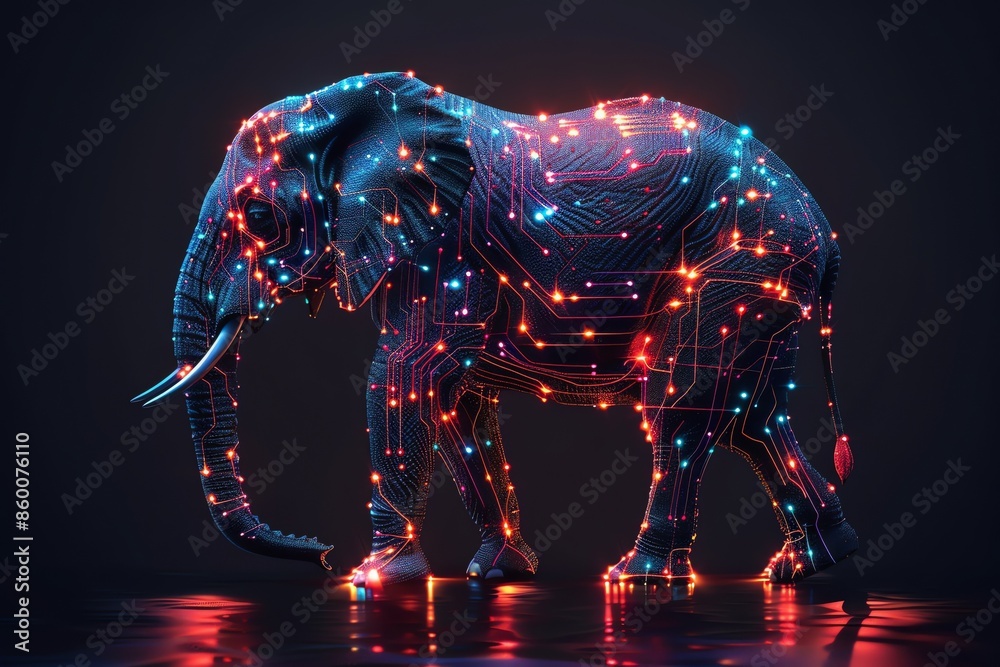 Tech Elephant Innovative digital art of an elephant with glowing neon circuits ...